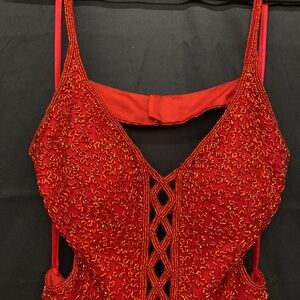 Scala Silk Red Beaded Long Dress, S